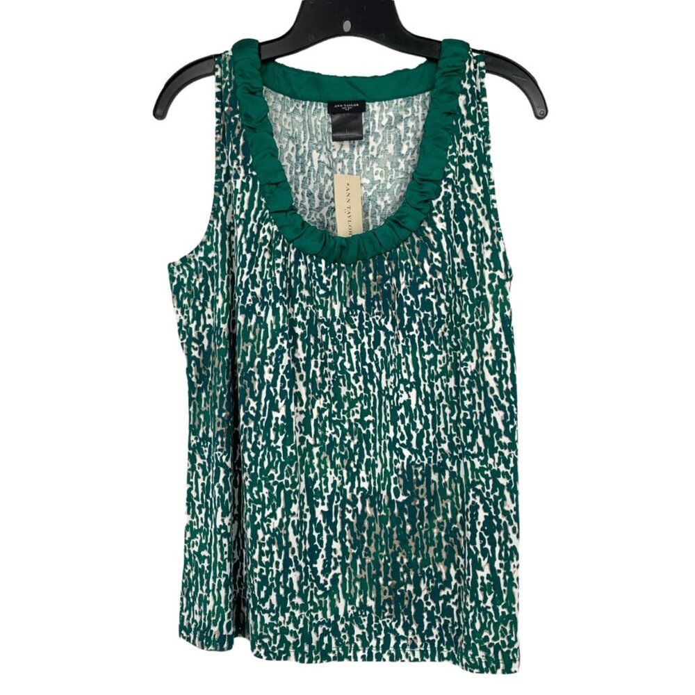 NWT Ann Taylor Womens L Sleeveless Green White Print Scoop Neck Blouse Tank Top